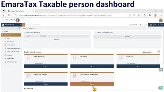 personal dashboard of emaratax that has tax payer details and corporate tax registration tab