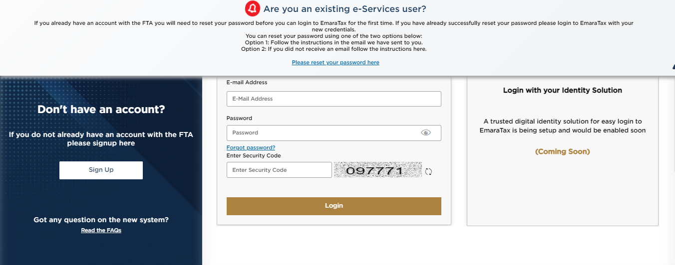 web page for emara tax login and password reset