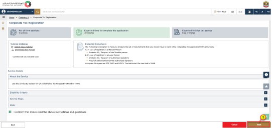 click start to initiate the UAE Corporate tax registration in EmaraTax 