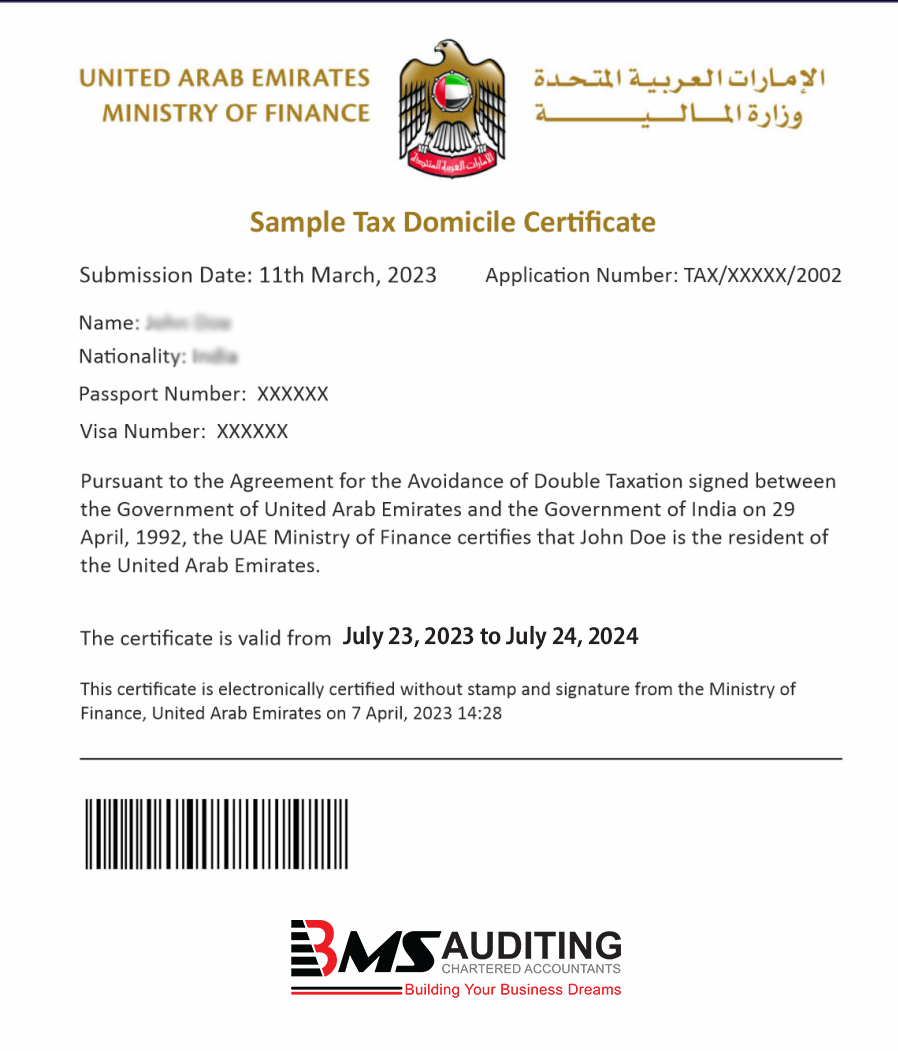 image of exact replica of Tax Residency Certificate in UAE
