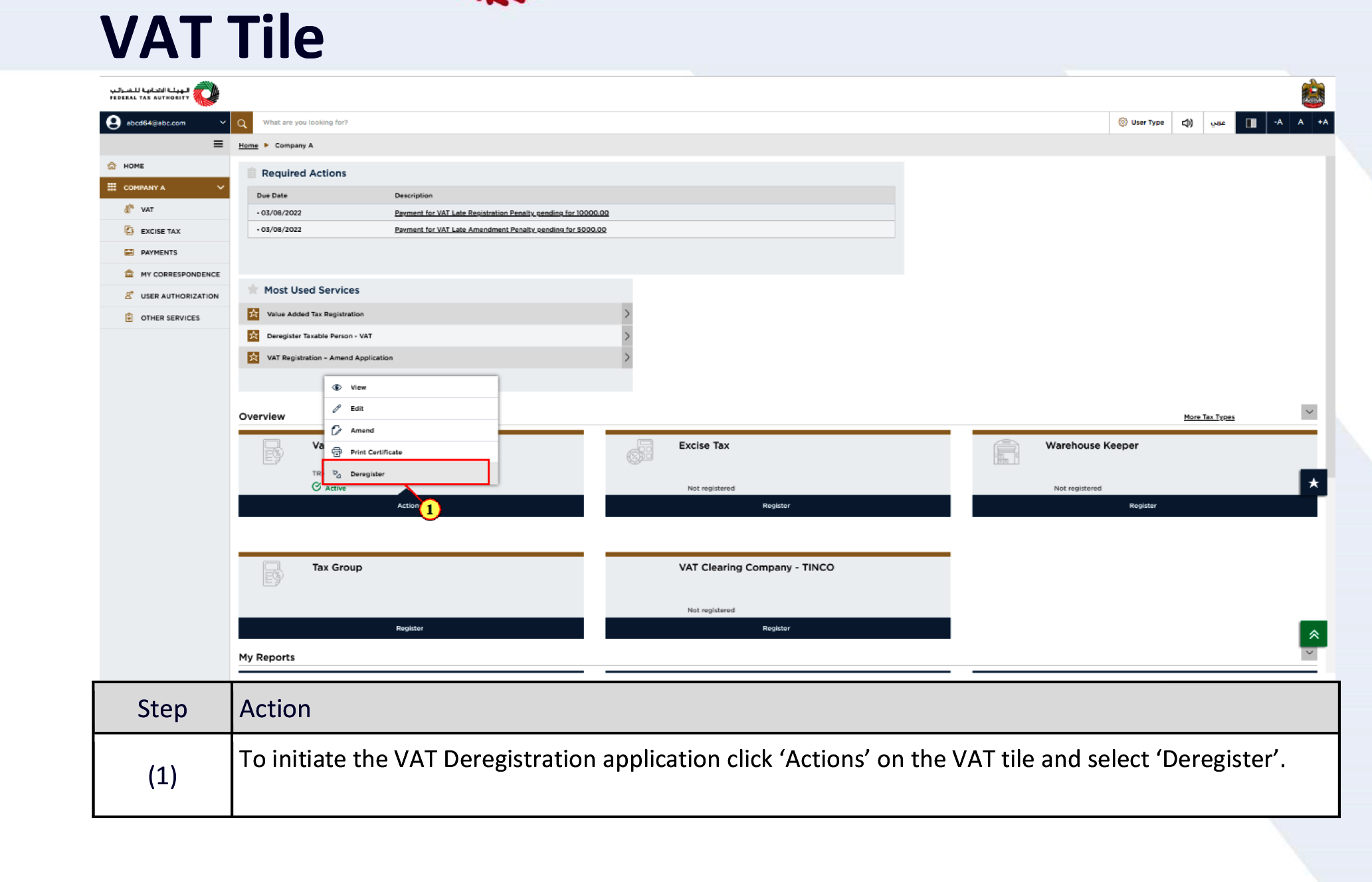 click deregister option in the VAT Title in Emaratax